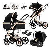 Prokoke Kinderwagen 3 in 1, Buggy mit Umkehrbarem Zwei-Wege-Schub, Kinderwagen Rahmen Aluminiumlegierung, Kombikinderwagen 3 in 1 Einem Klick Faltbar Baby Kleinkind Neugeborene (black gold 588)