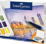 Faber-Castell 169724 - Aquarellfarben, 24 Farbnäpfchen, inkl. Mischpalette und Wassertankpinsel, Verschiedene Farben