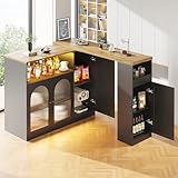 LAKFEW Bartisch mit Stauraum, Kücheninsel mit LED-Licht und Glasschranktür, Sideboard Küche Barschrank,Küchenmöbel, 198×39.6×97 cm, Schwarz