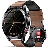 Lgnitek 2026 Neu Smartwatch Herren mit EKG/HRV/ΒΙυτｚυcker/BMI/Harnsäure, 1,43' AMOLED Gesundheitsuhr mit 24H ΒΙυtdrυck SpO2 Apnoe Schlafmonitor SOS-Notruf Fitnessuhr Android/iOS, Braun Lederarmband