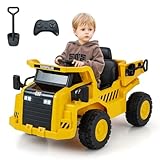 DREAMADE Caterpillar Elektro-LKW, 12 V, für Kinder, 3 – 6 Jahre, mit Fernbedienung, 2,4 G & Kippmulde & Sandschaufel & Musik & Beleuchtung, 3 – 4 km/h, Belastung 30 kg