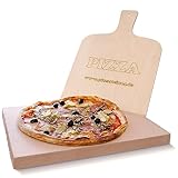 PIZZASTEIN - BROTBACKSTEIN Set, extra dicker lebensmittelechter Schamottestein eckig 40 x 30 x 3 cm mit Pizzaschaufel - für Backofen und Grill - Pizza und Brot wie aus dem Steinbackofen