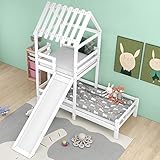 FEZTOY Hausbett mit Spielturm Spiel- Rutschbett Kinderbett Spielbett für Jungen & Mädchen - Massivholz Kinder Bett mit Rausfallschutz und Lattenrost -200x90cm & 100x90cm