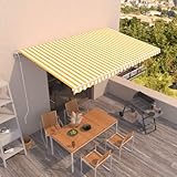 Qnhdfrt Automatische Ausziehbare Markise 500x350 cm Gelb Weiß mit Fernbedienung und Kurbel für Balkon Terrasse Garten Sonnenschutz