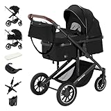 Daliya® FLEXI-PRO M 2in1 Kombikinderwagen & Buggy – XXL-Set, Reise-Kinderwagen mit Einhand-Abnahme, Wetterschutz, Sportsitz, Wickeltasche, Spieltisch, Regenschutz, dicke Matratze (Schwarz Uni)