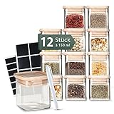 Celeko Home Stapelbare Gewürzgläser Eckig Bambus-Holzdeckel 150ml (Set 12 Stück) Gewürzbehälter Gewürzdosen Glas - Glass Spice Jars - Gewürze Aufbewahrung Kleine Gläser mit Deckel & Etiketten