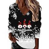 Weihnachts-Sweatshirts für Frauen in Übergröße – Langarm-Top, V-Ausschnitt, lässiger Pullover, Top, Winter, warmer Pullover, Sweatshirts, Schneeflocke, Hirsch, Weihnachtsmütze, Zwerg, Weinglasdruck,