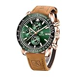 BENYAR Herrenuhr Quarz Sport Chronograph Mode Marken Business Uhr Herren Braun Lederuhr Wasserdicht Kratzfest Analog Automatik Datum Elegantes Geschenk Armbanduhr（golden grün）