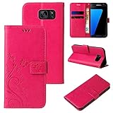 LBH Handy Hülle für Samsung Galaxy S7 Case Handytasche Schmetterling Blumen Flower Standfunktion Schutzhülle Magnet Rundum Schutz 360 Grad Flipcase Cover Pink