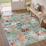 Grün Waschbarer Teppich Blumenmuster 120x170cm Blumen Boho Neutral Modern Rugs for Living Room Weich rutschfest Groß Tepich Kurzflor Schlafzimmer Carpet Esszimmer Bedroom Teppiche Büro