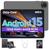 JIKOCXN Android 15 Tablet 10.1 Zoll Tablet, 12GB RAM+64GB ROM+1TB Erweiterung, 1280x800 HD Touchscreens, 6000mAh Akku, WLAN 5, Bluetooth 5.0, 5MP+8MP Dual Kamera, GPS (Grau)