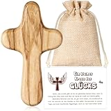 BBTO Kreuz aus Olivenholz Handgefertigtes Prüfung Glücksbringer Kreuz Handschmeichler Kruzifix Geschenk mit Beutel und Karte Gebet Christliches Geschenk für Familie Freunde Patient Taufe Kommunion