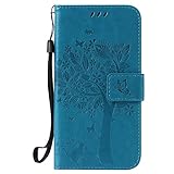 ISAKEN Kompatibel mit Galaxy S5 Hülle, PU Leder Flip Cover Brieftasche Geldbörse Wallet Case Handyhülle Tasche Schutzhülle Etui mit Handschlaufe Strap für Samsung Galaxy S5 Neo - Baum Katze Blau