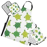 Nahtlose grüne Schildkröten auf Weiß, 5-teiliges Set, Kochschürze, wärmeisolierte Ofenhandschuhe mit Topflappen, Küchenhandschuhe, Schutzmatte zum Grillen und Backen
