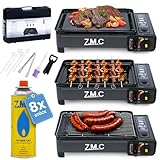 ZMC 2in1 Gasgrill & Campingkocher mit Piezo-Zündung – tragbarer Tischgrill & Gaskocher mit 8x 227g Kartuschen, Zubehör & Koffer – 2,2 kW Leistung – für Outdoor, Camping & Indoor – LPG-Anschluss