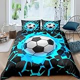 TSOPEFI Fußball Kinderbettwäsche 135x200,3D Fußball-Motiv Jungen Teenager Sport Bettbezug-Set,Blau,Grün Weicher Bequemer Bettbezug für Erwachsene und Kinder (Blau, 135 x 200 cm)