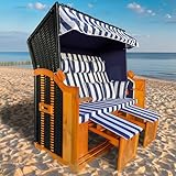 BRAST® Strandkorb Ostsee 3-Sitzer XL für 2-3 Personen | 155cm breit | 2 Designs | Tragkraft bis zu 500kg | verstellbare Rückenlehne | Blau/Weiß gestreift
