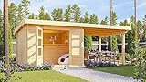 Chillroi® Karibu Gartenhaus San Antonio mit Anbaudach beidseitig anbringbar und Fußboden im Set Holzhaus Geräteschuppen Gartenlaube (Natur)