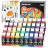 Shuttle Art Acrylfarben Set, 36 Acryl farben in Flaschen (je 60ml) mit 12 Pinselset & 1 Palette, ungiftig, Acrylfarbe wasserfest für Künstler, Anfänger, Erwachsene auf Leinwand, Steine, Holz geeignet