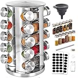 Gewürzkarussell 360°drehbar Gewürzregal, 20 Gewürzgläsern(ohne Inhalt),Lebensmittelqualität 430-Edelstahl Rotationsküchen Gewürzständer,Gewürzdosen zum Streuen,mit Etikettenpapier und Schreibstift
