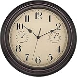Foxtop Innen Draussen Wetterfeste Wanduhr mit Temperaturanzeige und Hygrometer, Ohne Tickgeräusche Lautlos Retro Uhr für Terrasse Badezimmer küche Wohnzimmer Heim Dekor(Bronze,30cm)