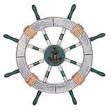 Birendy Holzdeko Steuerrad in Blau Weiß mit maritimen Keramikapplikationen Durchmesser 45cm Perfekte maritime Dekoration (6-Anker-Weiß-Gruen)