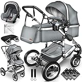 KIDUKU® 3 in 1 Kinderwagen XXL Komplettset | Kombikinderwagen Set inkl. Babywanne Buggy Sportsitz & Auto-Babyschale Fußsack | Vollgummireifen Wickeltasche Handwärmer Tragekorb Regenschutz Kindertisch