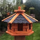DARLUX Handgefertigtes Sechseck Vogelhaus aus Holz wetterfest M - XXL mit und ohne Ständer, Futterhaus, Futterhäuschen (Größe M ohne Ständer, Blau - Braun)