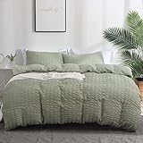Boqingzhu Seersucker Bettwäsche Grün 135x200cm Salbeigrün Sommer Atmungsaktiv Kühlende Wende Sommerbettwäsche Set Modern Gestreift Bettbezug 135x200cm und Kissenbezug 80x80cm mit Reißverschluss