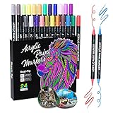 Sonlaryin Acrylstifte Marker Stifte 24 Farben, Doppelspitze Acrylstifte für Steine Wasserfest, Acrylmarker Set für Holz, Glas, Papier, Keramik, Leinwand, Erwachsene Kinder Geschenke Ostern Basteln