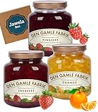 Den Gamle Fabrik Marmelade 3 XL Gläser à 600g: Erdbeere, Orange, Himbeere - Probierset Mix Set XL - Jawela Box - dänischer Fruchtaufstrich