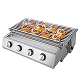 Gasgrill Tischgrill 4 Brenner Edelstahl GasbräTer Höhenverstellbar, Gastischgrill BBQ Mit Tablett Und 360° Drehbarer Gasanschluss, Gastrobräter Für Camping Balkon Garten, 57 * 39 * 18cm
