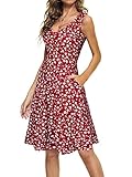 CLOUSPO Damen Sommerkleid Elegantes A Linie Kleid Einfarbig Minikleid Knielang Kleid Damen Ärmellos Tunikakleid mit Taschen für Sommer Strand(Blumen A,M)