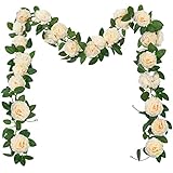 SHACOS 3 Stück (6 Meter) Künstliche Blumengirlande Champagner, Pfingstrosen Girlande Künstlich, Blumengirlande Rosen Seidenblumen Girlande Kunstblumen Hängend Rosengirlande für Hochzeit, Hause, Dekor