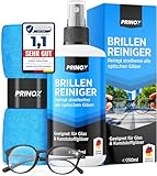 PRINOX® Brillenreiniger Set 250ml mit Mikrofaser Brillenputztuch - Brillen Reiniger mit Mikrofaser Tuch für alle Brillen gegen Fettflecken und Fingerabdrücke auf der Brille