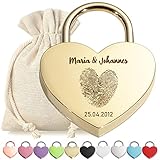 Liebesschloss Herz-Schloss Bügelschloss Gold mit Gravur - Motiv Herz Fingerabdruck - personalisiert - eloxiert - Stoff-Geschenkbeutel - Valentinstag, Jahrestag - Pärchen Geschenk - Present