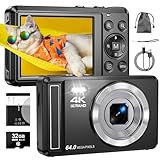 4K 64MP Digitalkamera mit 32 GB TF-Karte, Autofokus Fotoapparat mit 16X Digitalzoom Tragbar Kompaktkamera mit 1200mAh Batterie, USB-Kabel, für Kinder Teenager Erwachsene Anfänger