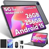 Android 15 Tablet mit Tastatur, 26 GB RAM, 256 GB ROM (2 TB Erweiterung), 10 Zoll Tablet mit Octa-Core, 8000 mAh Akku, 2,4 G/5G WLAN, BT 5.0, 5 MP + 13 MP Kamera, Gemini AI, Hülle, Maus, Stylus