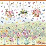 PAIVSUN Fensterbilder Frühling, 9 Blätter Fensterdeko Selbstklebend mit Tulpen Schmetterling Kolibri, Blumen Frühlingsdeko Aufkleber für Fenster Dekoration (Flower-1)