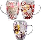 Dajiopao 3 Stück Doppelwandige Teegläser, 350ml Doppelwandige Kaffeegläser Mit Getrockneten, Isolierte Anti-Scalding Kaffeebecher Mit Griff, Für Milch, Schokolade, Tee, Saft
