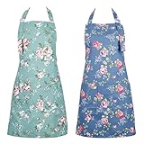 Gaosaili 2 Stück Kochschürze Damen Blumen Schürze mit großen Taschen,Blumenschürze Verstellbare Küchenschürze Kitchen Chef Aprons Grillschürze für Damen(M)