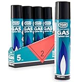 TOM 5 x Feuerzeuggas 100 ml Kartusche zum nachfüllen für Feuerzeug, Flambierbrenner, Sturmfeuerzeug, Stabfeuerzeug & Co. – mit 5 x Adapter – Lighter Gas –Nachfüllgas Blau