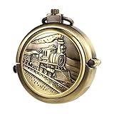 TREEWETO Unisex Taschenuhr mit Kette Analog Handaufzug Mechanisch Pull-Sonderform Zug Lokomotive Groß Hohl Fall Bronze