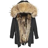 Damen Luxury PARKA XXL Kragen aus 100% ECHTPELZ ECHTFELL Jacke Mantel Fuchspelz Innenfutter (L, Schwarz)