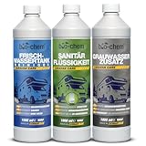 bio-chem Camping Hygiene-Zusätze Set 3-teilig: Bio Sanitärflüssigkeit 1l + Frischwassertank-Reiniger 1l + Grauwassertank-Zusatz 1l - Effektive Geruchsbekämpfung & frische Sauberkeit