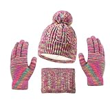 Fogcroll Babymütze Schal Handschuhe Set Bunte Plüsch-Ball Dekor Winter Elastisch Dick Warm Winddicht Weich Unisex Kinder Beanie Neck Warmer Fleece, rose rot, M