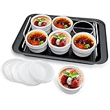 Auflaufförmchen-Set mit 6 Silikon-Deckeln, Creme Brulee Making Set, 304 Edelstahl Hebegestell und 25,5 x 37,3 cm Boden-Backform, Set mit 6 Porzellan (Weiß)