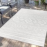 carpet city Outdoor Teppich Terrasse Wetterfest - 200x200 cm Quadratisch - Balkonteppich Grau - Ethno Look - In-& Outdoor Teppiche für Veranda, Garten, Küche, Bad oder Wohnzimmer