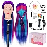 Trainingskopf für Frisöre, Mysweety Frisierpuppe für Kinder Training 100% Synthetisches Haar Steigung Übungskopf mit Haargeflecht Zubehör & Klemme, Lila-Bla Frisierkopf Kinder 71cm #24
