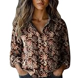 Damen V-Ausschnitt Hemd Causal Bluse Leinenhemd Hemdbluse Flanellhemd Sommer Langarm Langarmshirt Leinen Lockeres Große Größen Langärmliges Oberteile Einfarbige Baumwollhemd Leinenbluse Blusenshirt